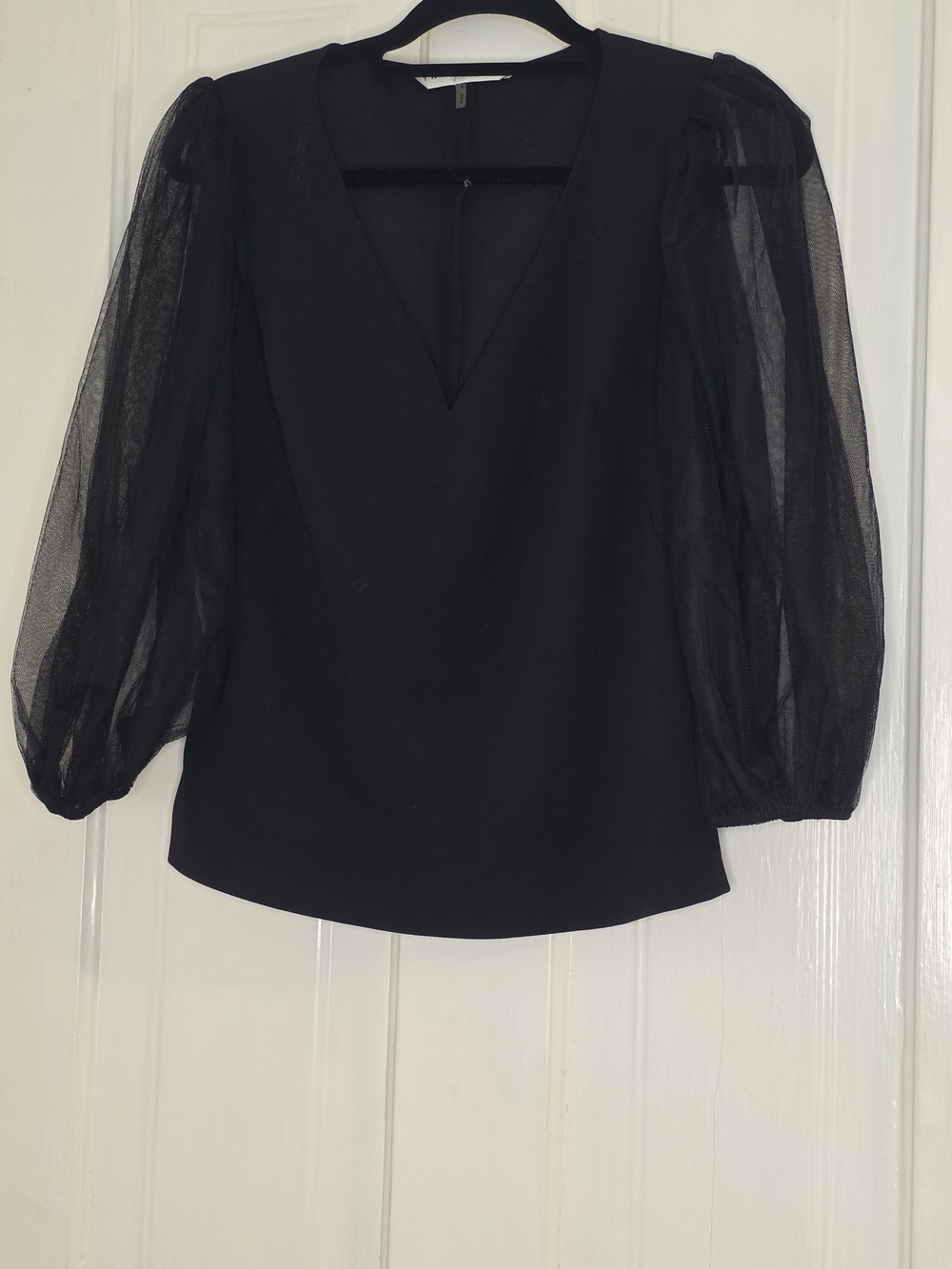 Black Sheer Puff-Sleeve V-Neck Women's Top